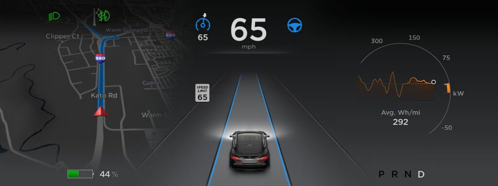 Autopilot engaged: The instrument cluster on the Model S shows the real-time information that the car uses to determine its driving behaviour.