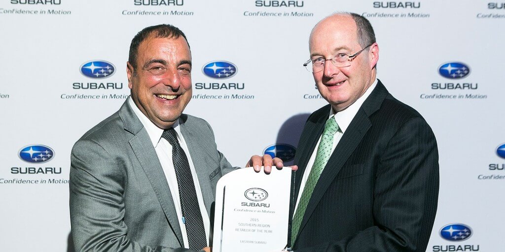 Exceptional job: Eastern Subaru dealer principal Michael LaFerlita (left) with Subaru Australia managing director Nick Senior.